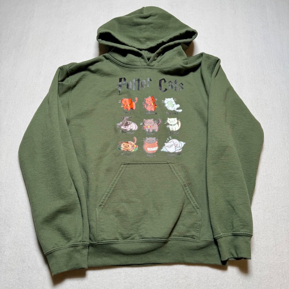 Gildan Potter Cats Graphic Hoodie Olive Green Wizard Feline Small